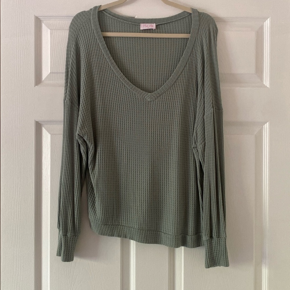 Pink lily waffle v neck shirt